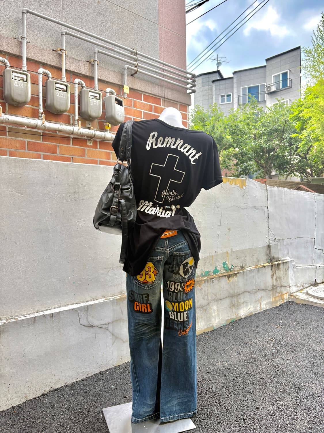 빈티지 y2k 고스 펑크 원숄더 탑 코디 세트 상품이미지1