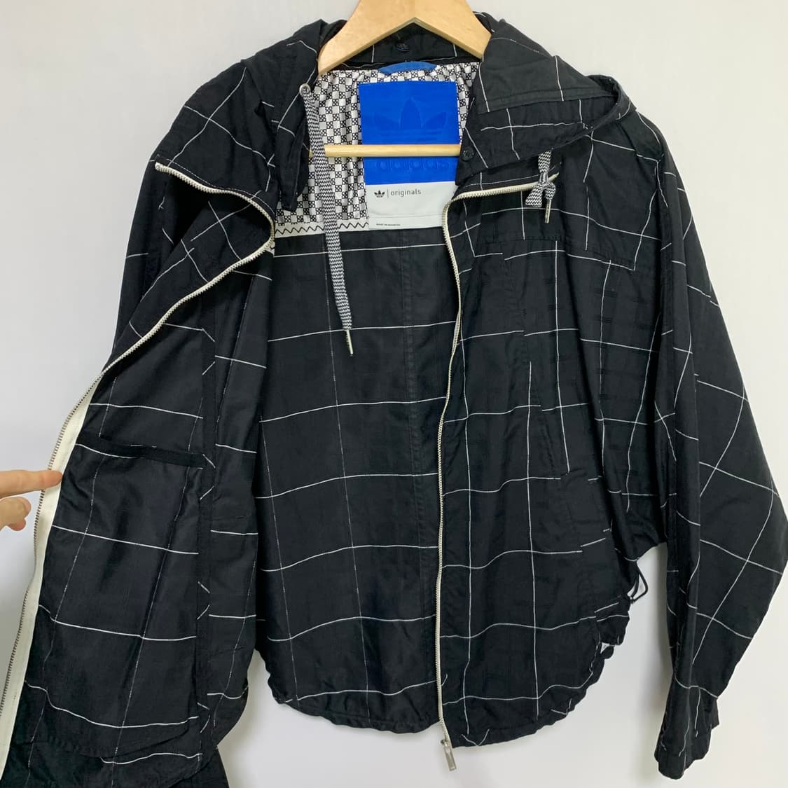 아디다스 체크 패턴 후드 바람막이 아노락 집업 블랙 90사이즈 빈티지 상품이미지5