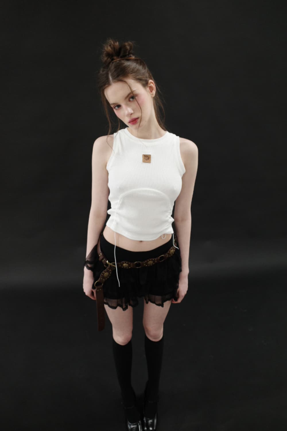 드라이로즈 터널 로고 슬리브리스 버터크림 옐로우레더와펜셔링스트랩홀터나시롤 상품이미지2