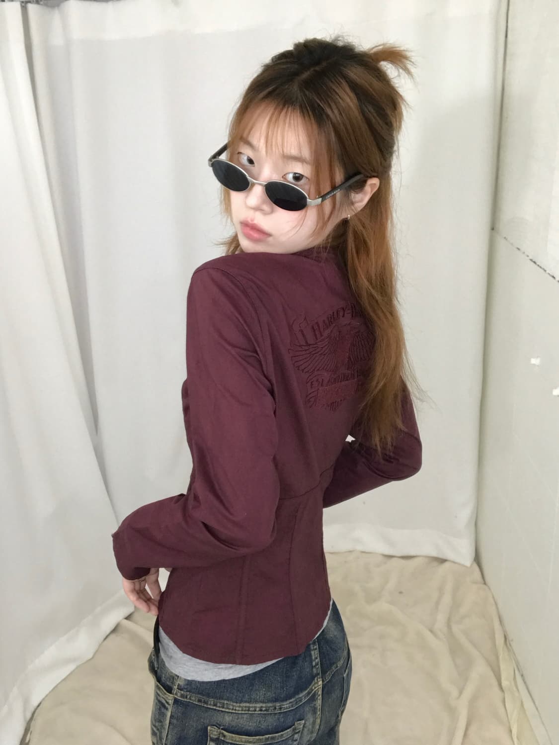 (상의 세트) 할리데이비슨 버건디 셔츠 블라우스, 레이스 나시 세트 상품이미지2