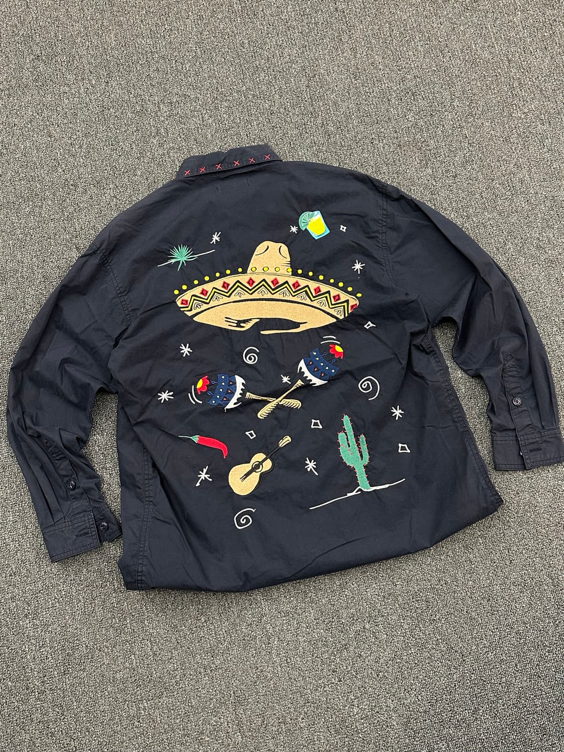 S)Rodeo Crowns 빈티지 레드 자수 포인트 모터사이클 블랙 셔츠 상품이미지1