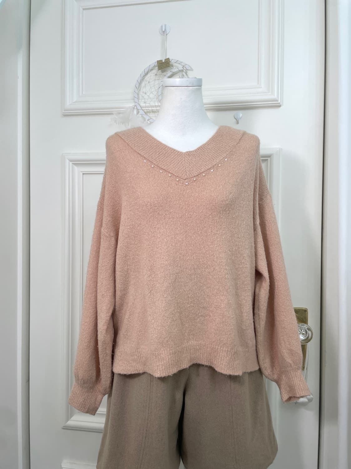 EARTH pink beige v-neck soft knit top 상품이미지5
