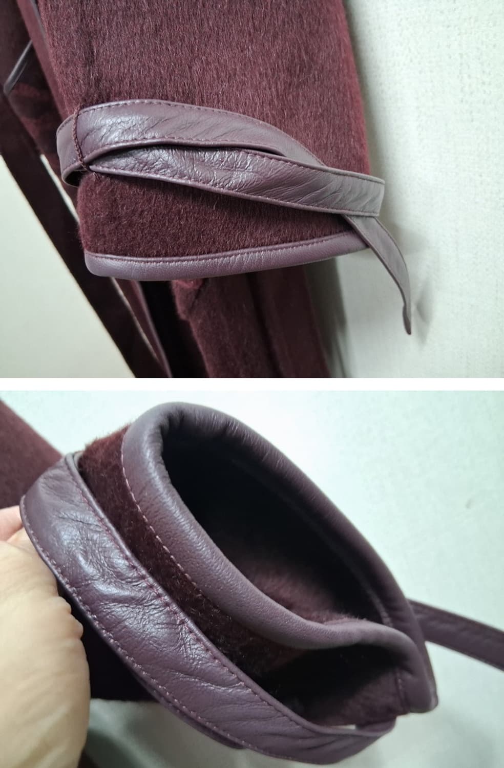 수입 낙타털 혼합 천연양가죽 배색 양모롱코트 와인 버건디칼라 새거 프리 상품이미지6