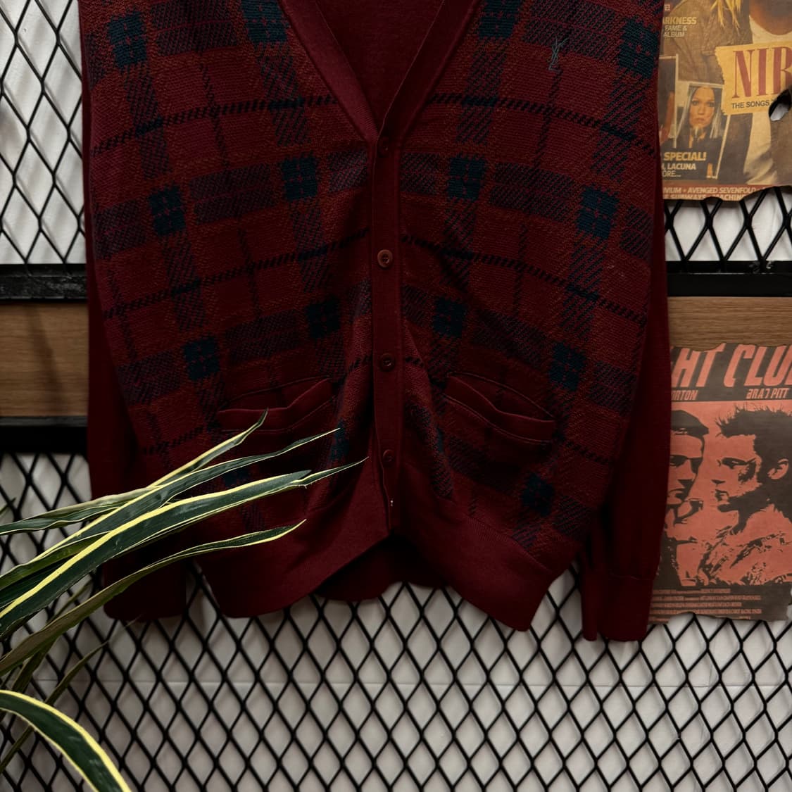 90s 입생로랑 YSL 니트 가디건 체크 패턴 포인트 버건디 상품이미지4