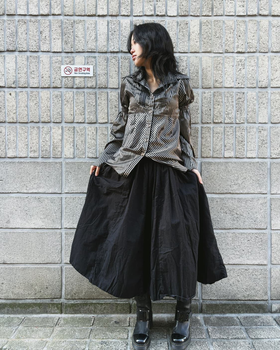 캐피탈 올 블랙 와이드 코튼 스커트 상품이미지1