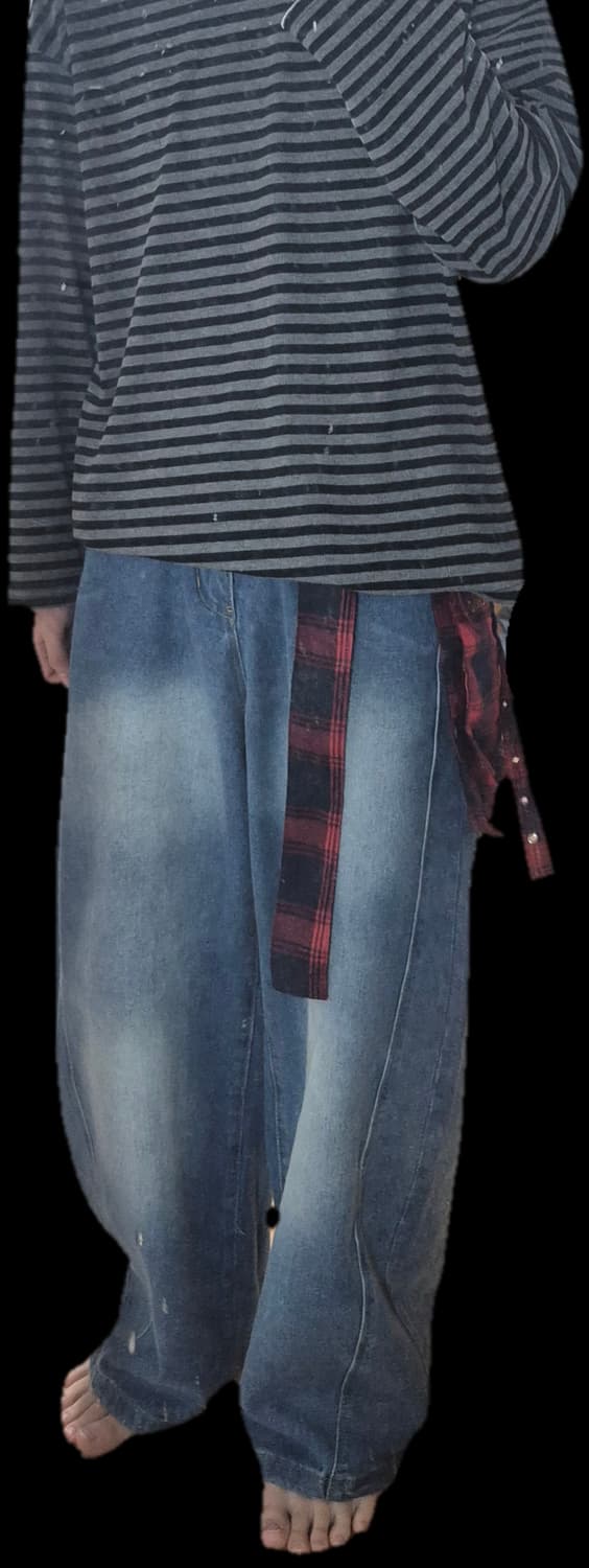 washed plaid belt barrel jeans 상품이미지2