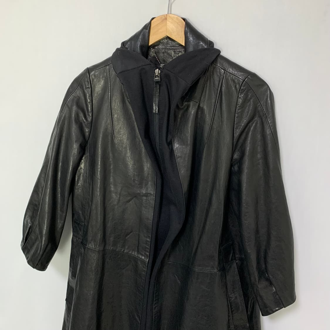 빈티지 블랙 리얼레더 후드st 집업 배색 롱 양가죽자켓 남녀공용 하프코트 상품이미지6