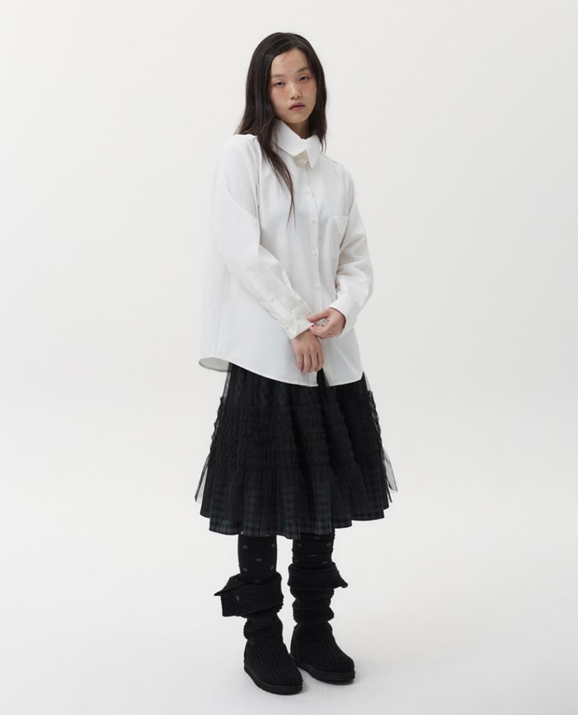오헤시오 LAYERED SHEER FRILL SKIRT, KHAKI CH 상품이미지2