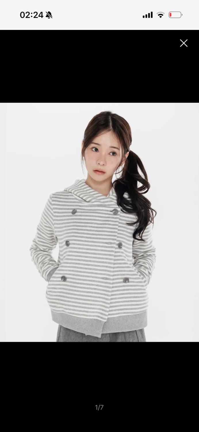 더블버튼 스트라이프 후드자켓_크림메란지그레이 상품이미지1