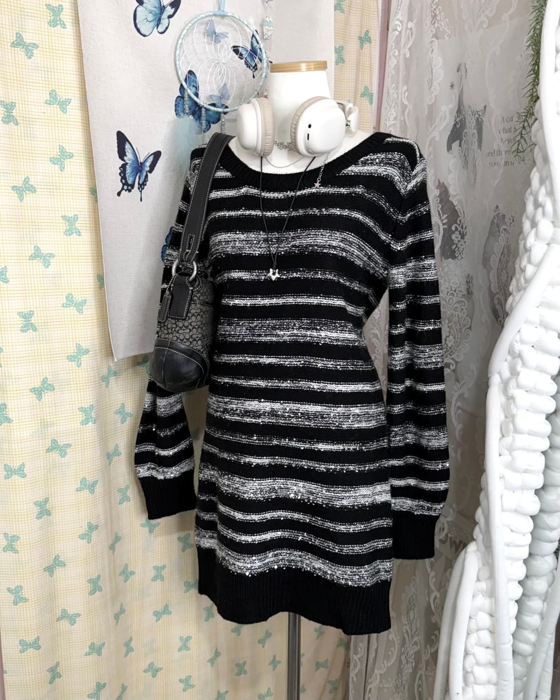 블랙 & 화이트 스팽글 니트 미니 원피스 상품이미지5