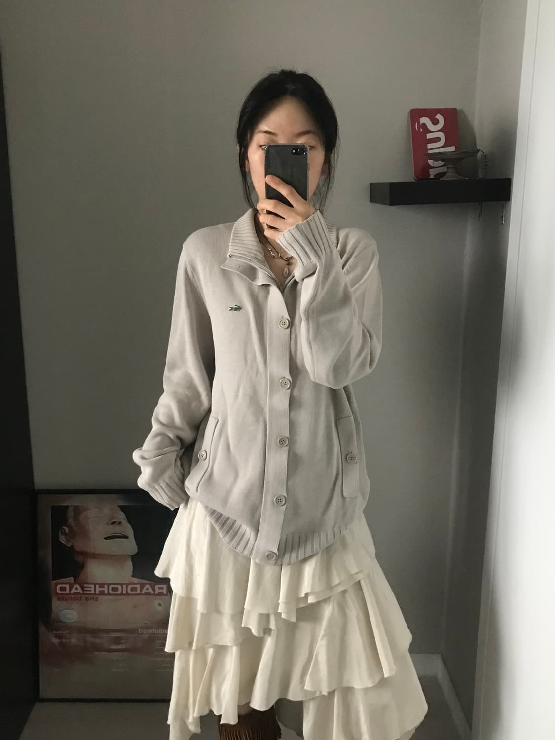 라코스테 로고 베이지 버튼 니트 집업 상품이미지1