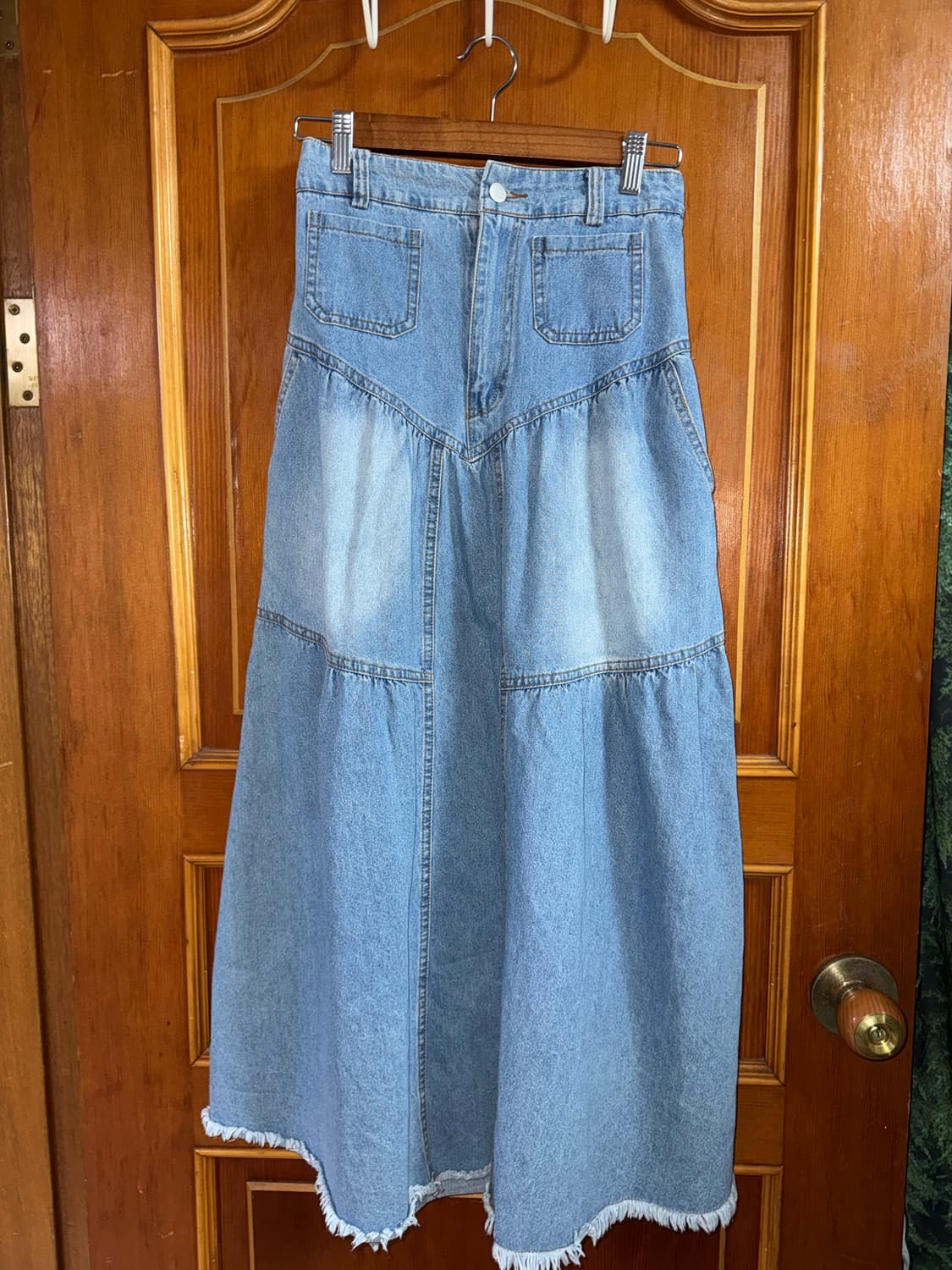 블루 깅엄 체크 셔츠 & 데님 롱 스커트 세트 상품이미지3