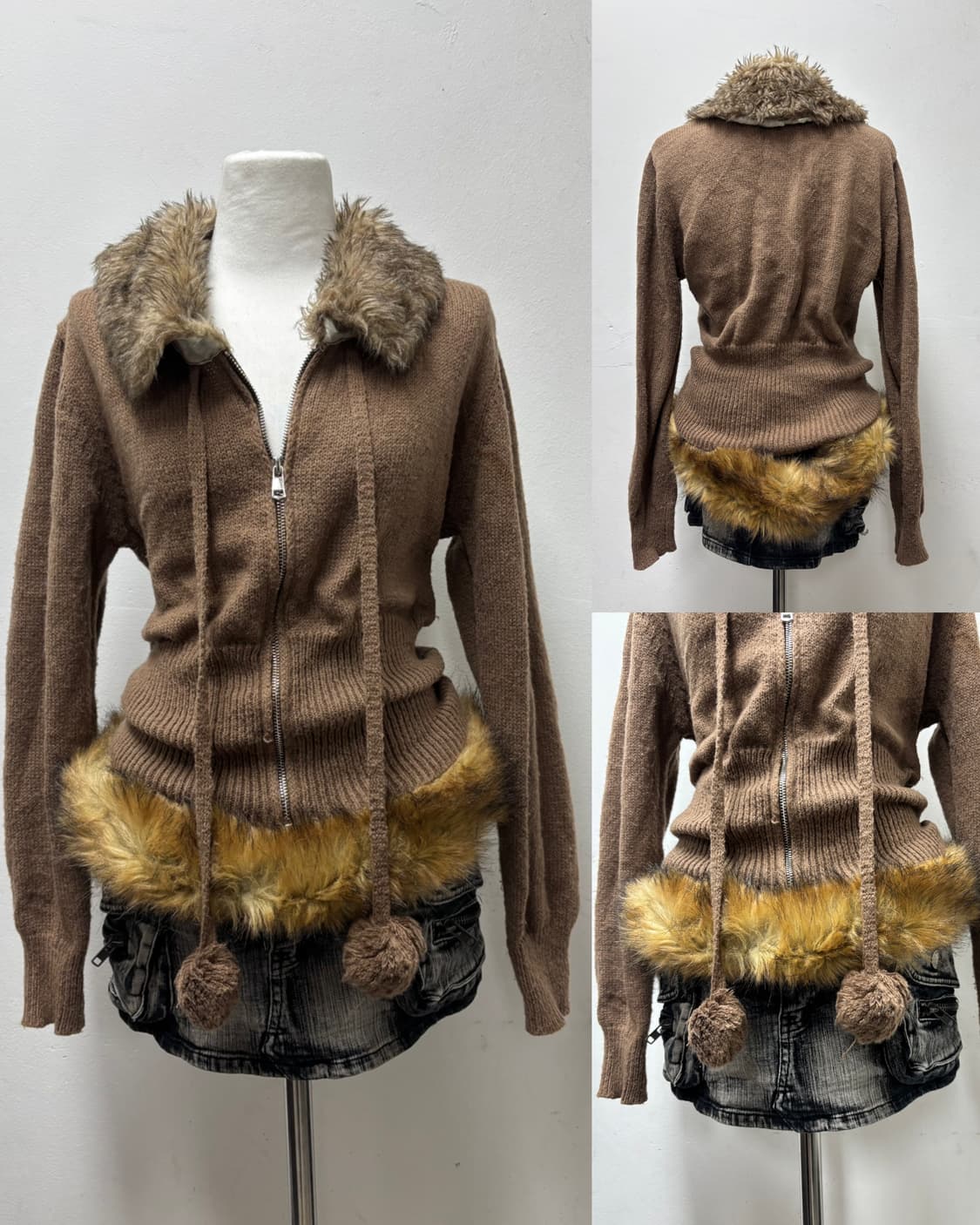 00’s Brown Fur Trimming Short Knit Zip U 상품이미지1