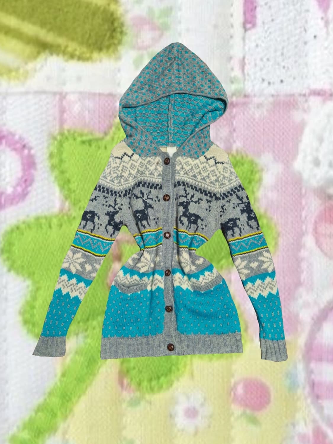 일본 빈티지 모리걸 노르딕 니트 후드 가디건 원피스 민트 빵단추 삿포로 상품이미지1