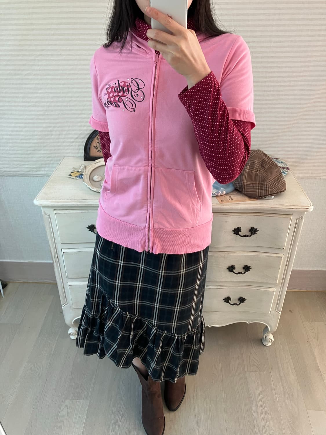 Set) 핑크 레드와인 도트 레이어드 후드 집업 상품이미지3