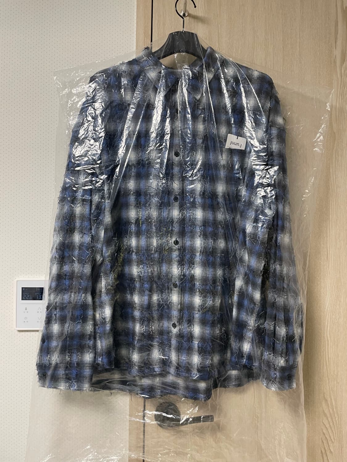 준지 26ss 그리드 니들 체크 루즈핏셔츠 블루, 52사이즈 새상품 상품이미지5