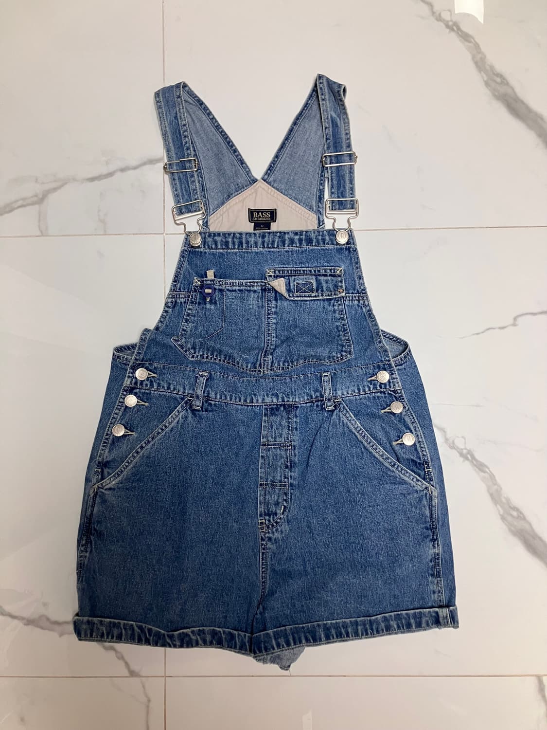 90s 빈티지 미디움워시 데님 오버롤 쇼츠 멜빵바지 청반바지 레이첼그린 상품이미지2