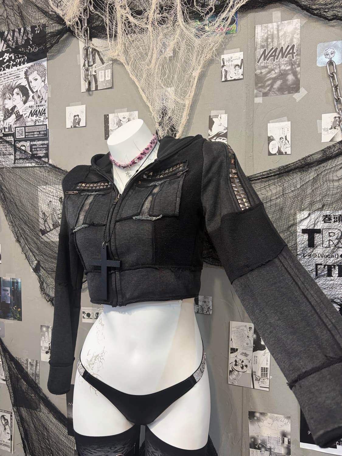 Gothic Stud Distressed Crop Hoodie zip  상품이미지6