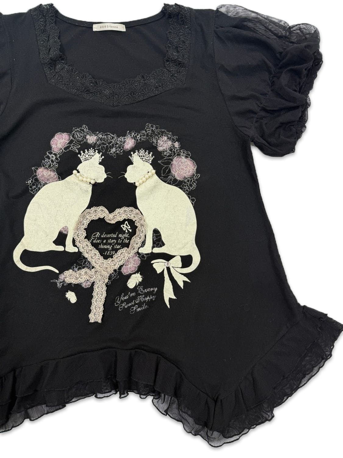 빈티지 Axes Femme 블랙 프릴 고양이 티셔츠 상품이미지4