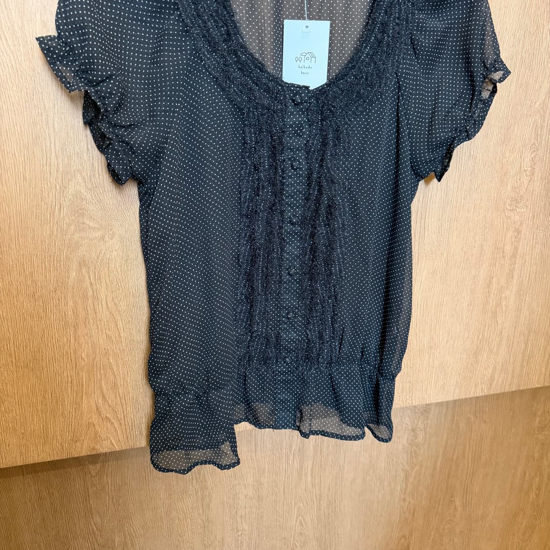 빈티지 시스루 도트 블라우스 프릴 디테일 블랙 k69 상품이미지4