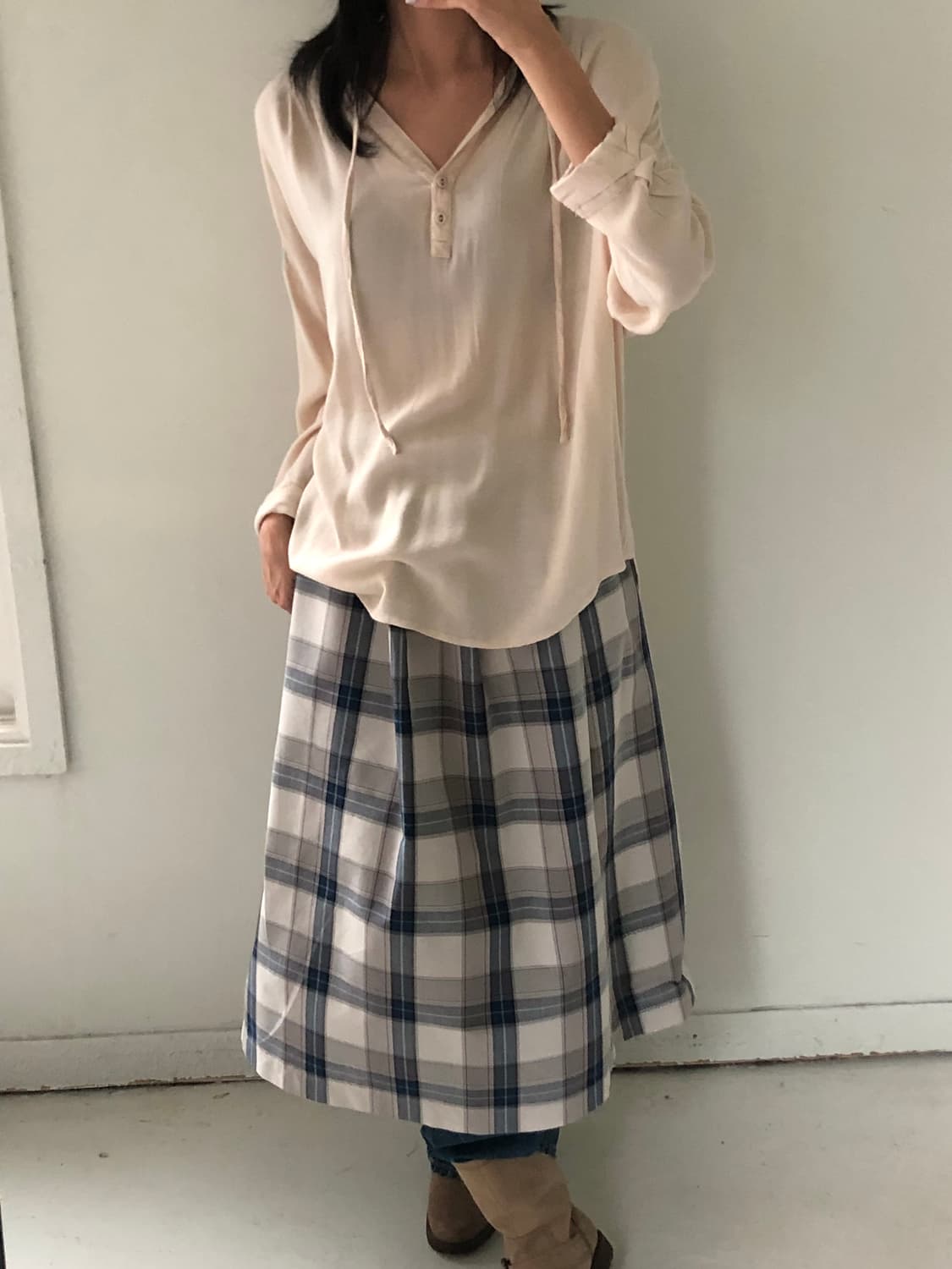 일본빈티지 블루체크 롱스커트 상품이미지4