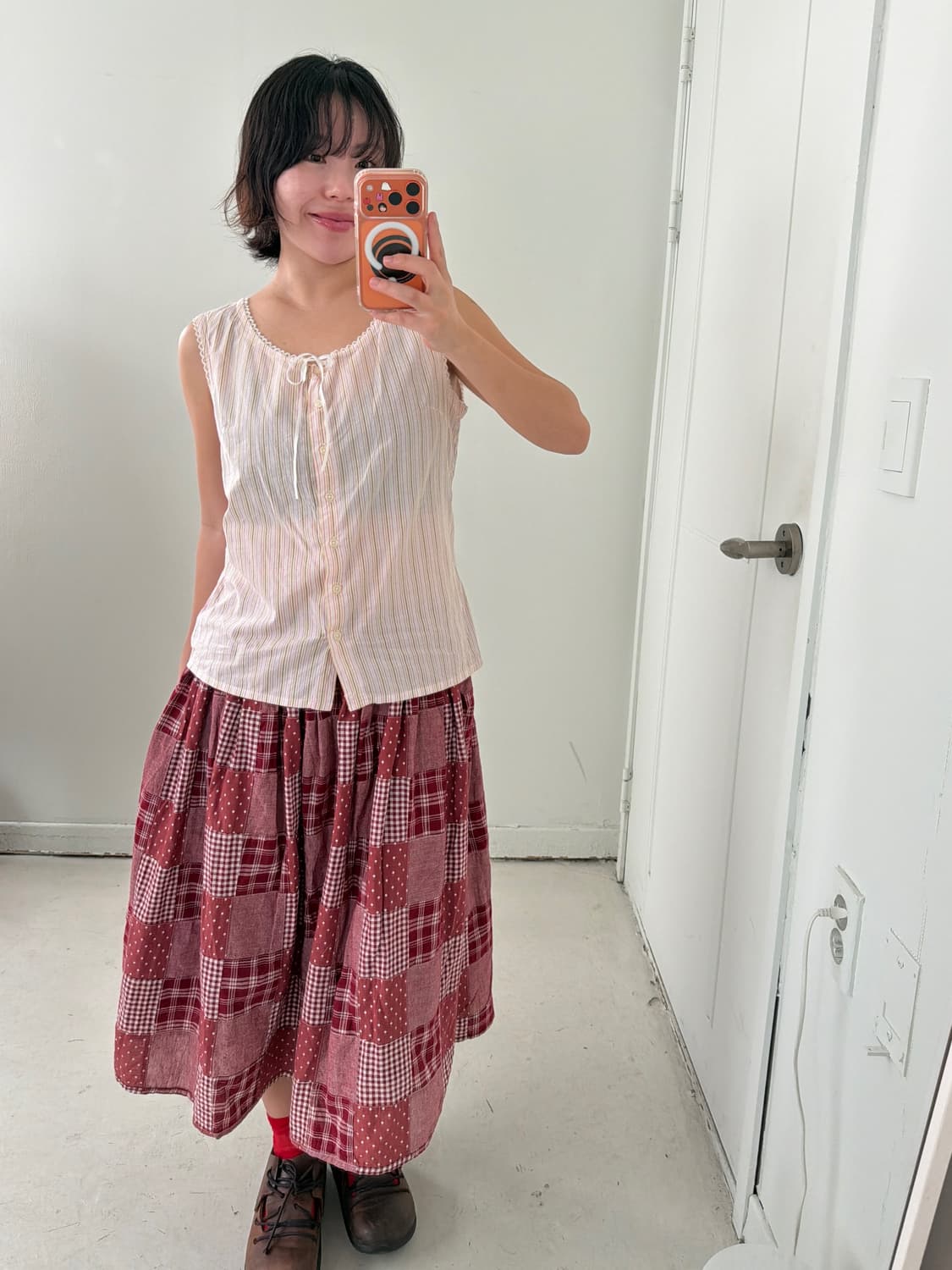 일본빈티지 모리 히피 도트체크 롱스커트 상품이미지6