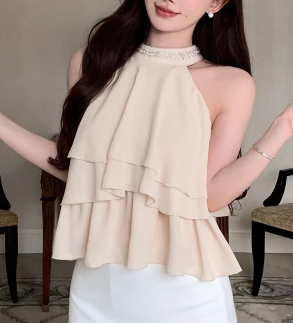 스나계 비쥬 홀터넥 프릴 오프숄더 블라우스 /오네갸루로걀걸리양산형 상품이미지1