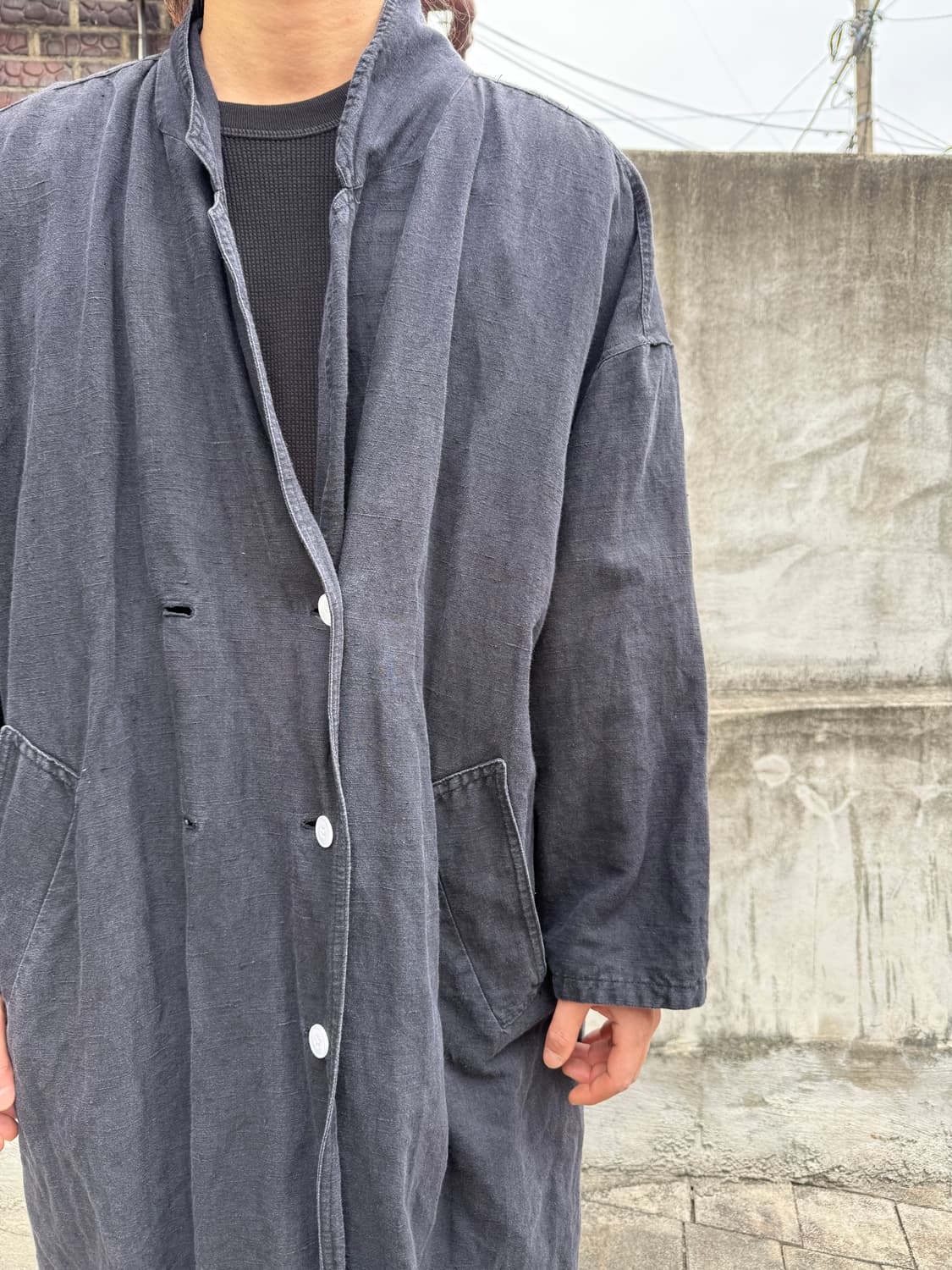 80s 올드 블랙 프렌치 린넨코트 2XL 상품이미지3