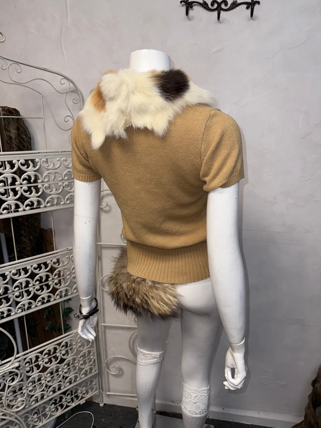 Beige rabbit fur collar half knit 상품이미지2