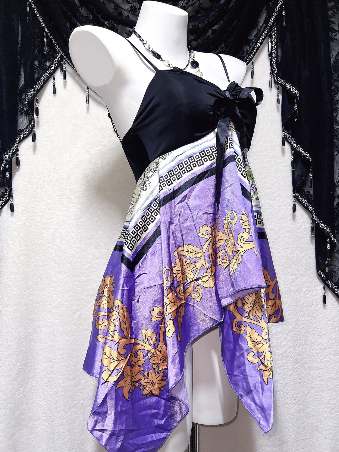 오리엔탈 오네갸루 페어리 패턴 페이즐리 리본 슬리브리스 나시 미니원피스 상품이미지4