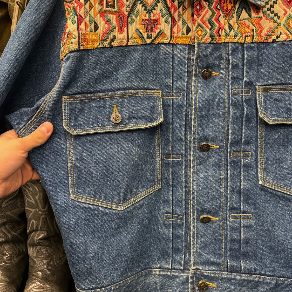 90s JPN 멀티컬러 자카드 아즈텍 자수 숏 데님 트러커 자켓 N580 상품이미지5