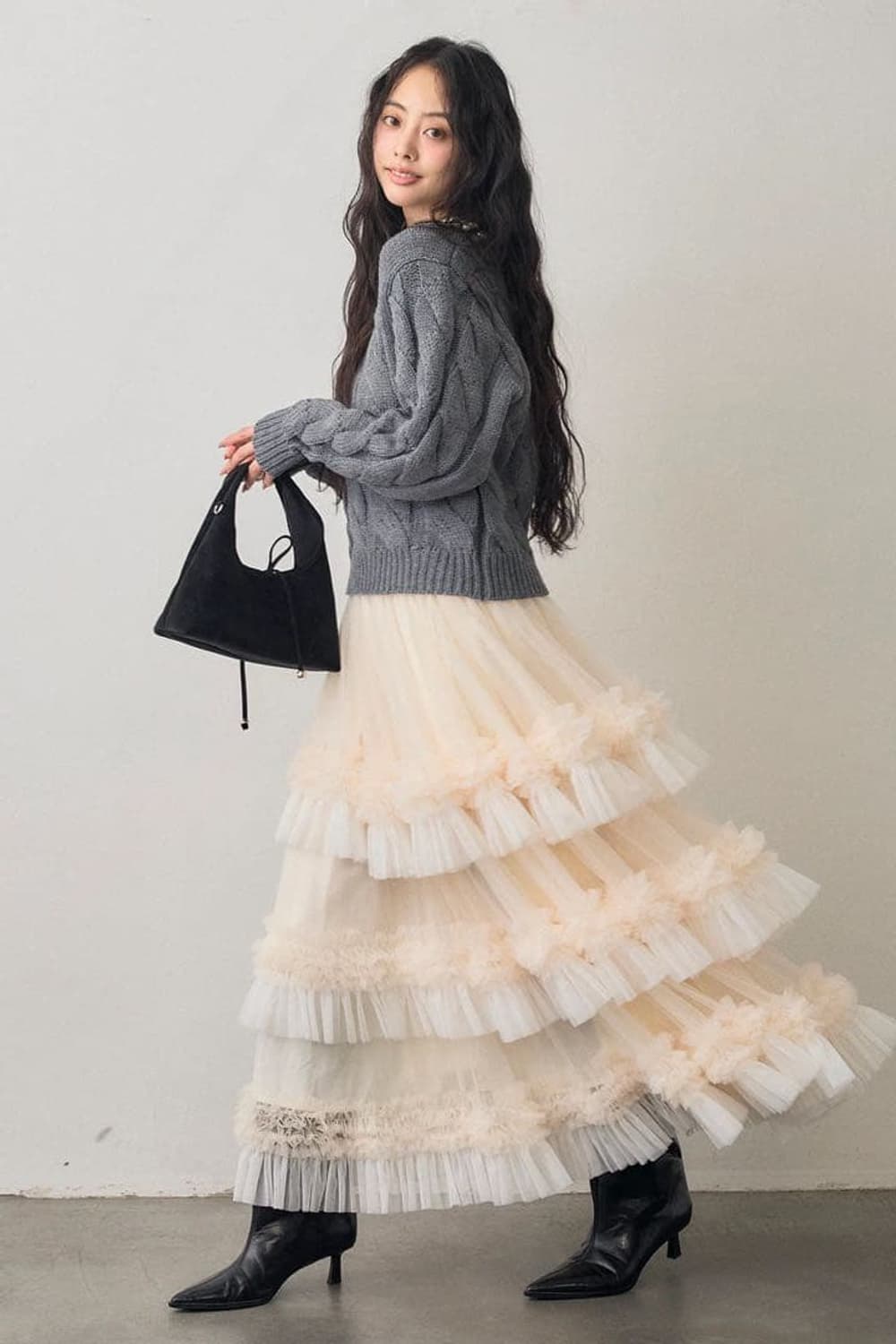 배색 프릴 티어드 밴딩 스커트 여성free 상품이미지4