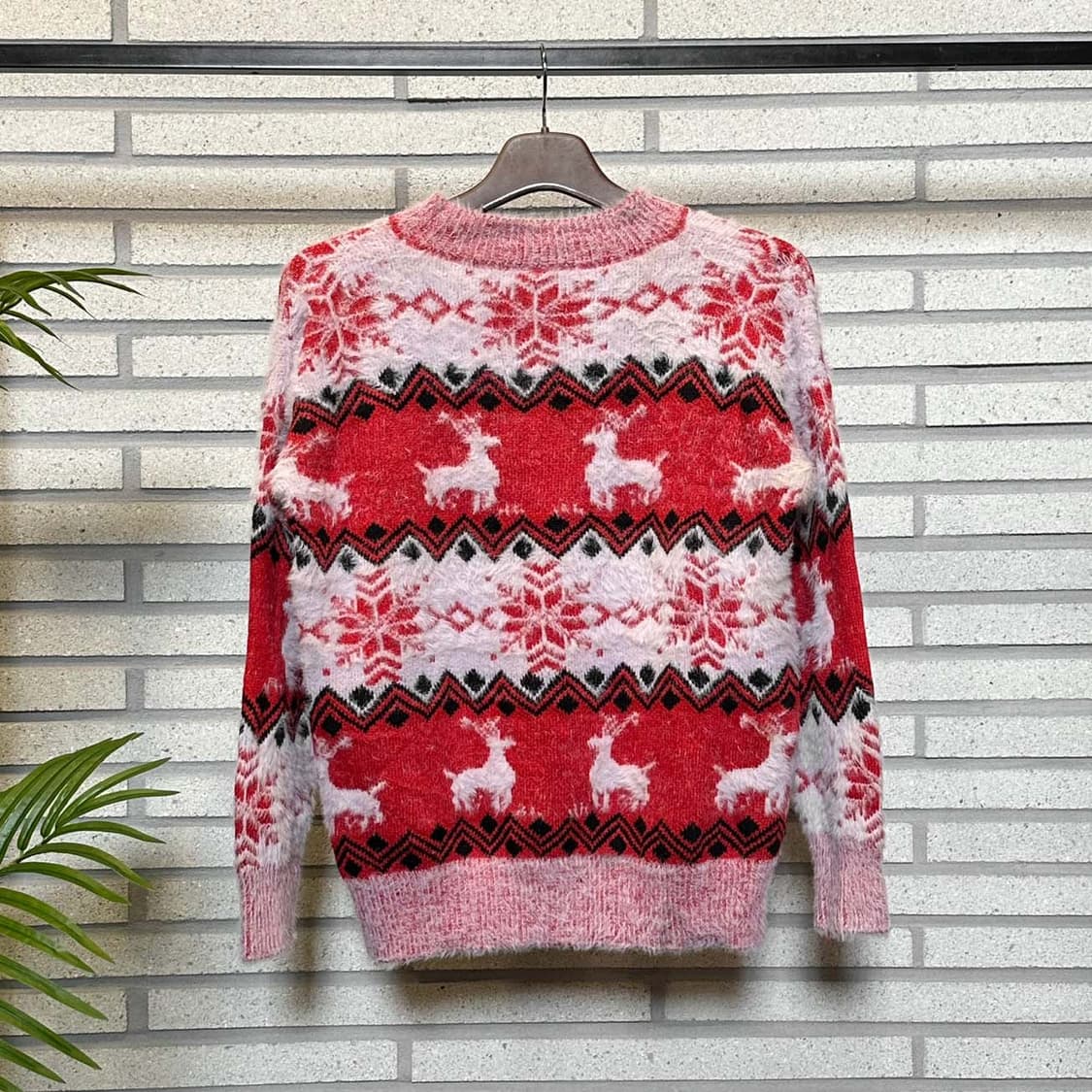 USA VINTAGE 니트 노르틱 루돌프 패턴 배색 디테일 핑크 레드 상품이미지3