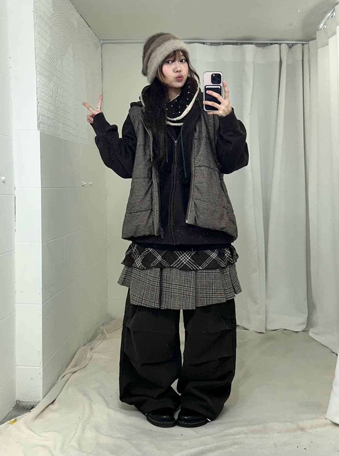 브라운 도트 체크 너드 러힙 코디세트 상품이미지1