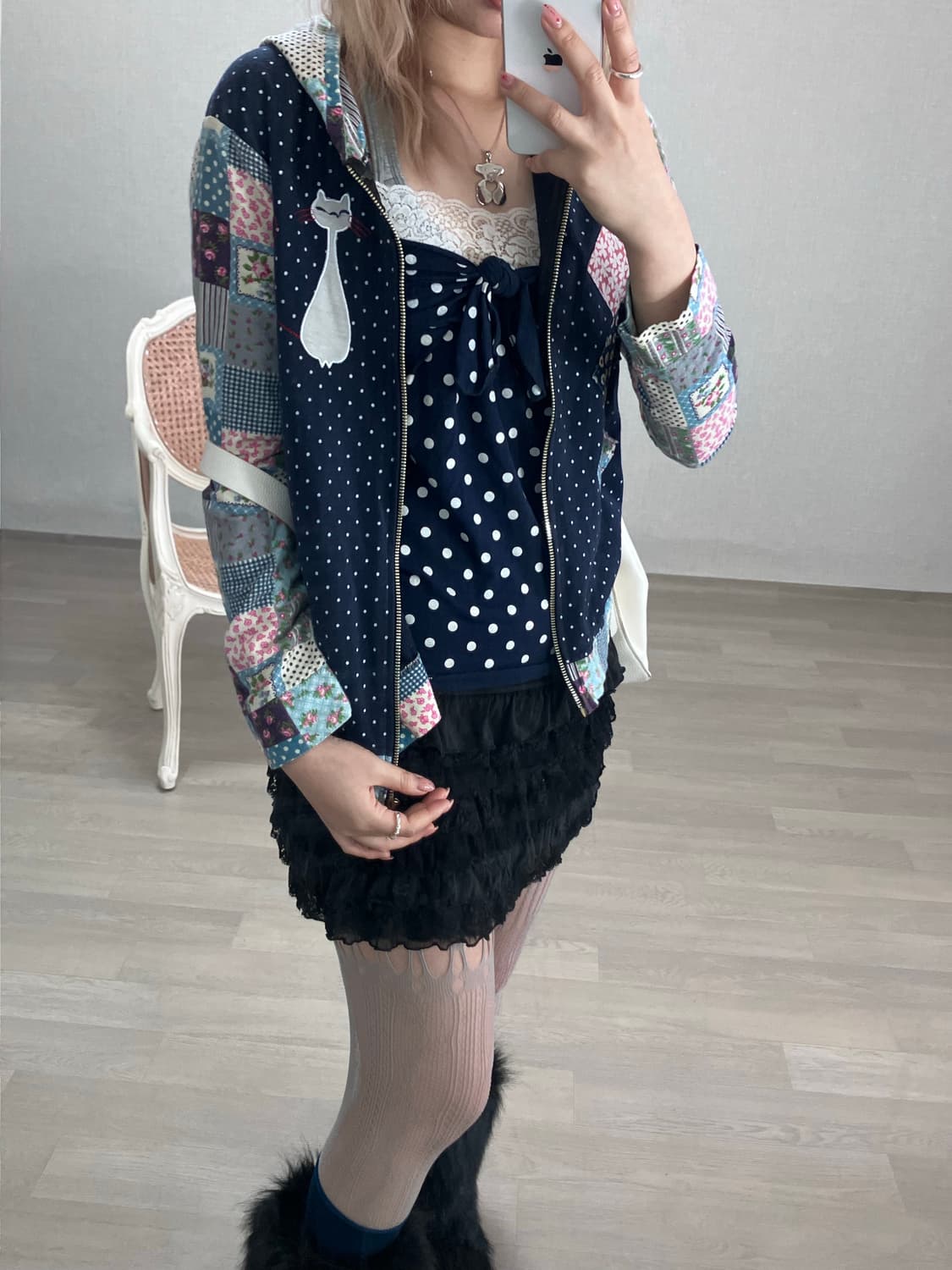 dot patchwork meow hood zip-up 상품이미지3