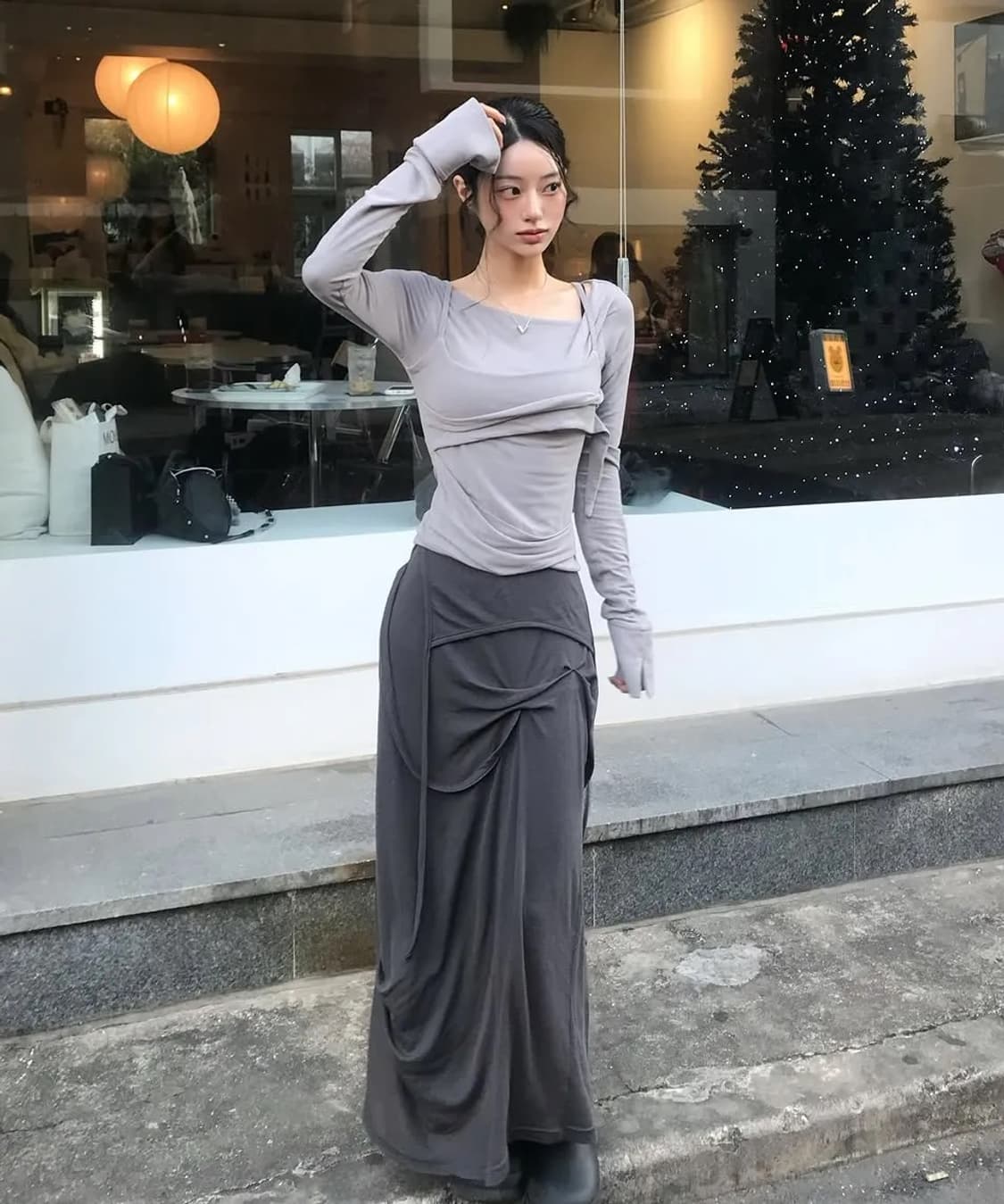 새상품)플레어업 드레이프 롱스커트 다크그레이 상품이미지1