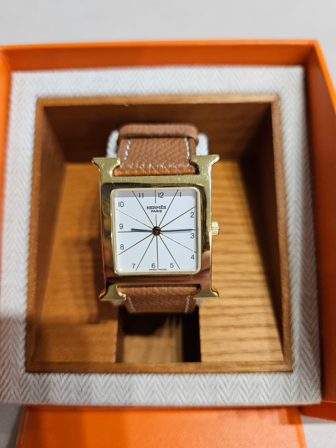 에르메스 H아워 금장 브라운 가죽 시계 풀박스 상품이미지2
