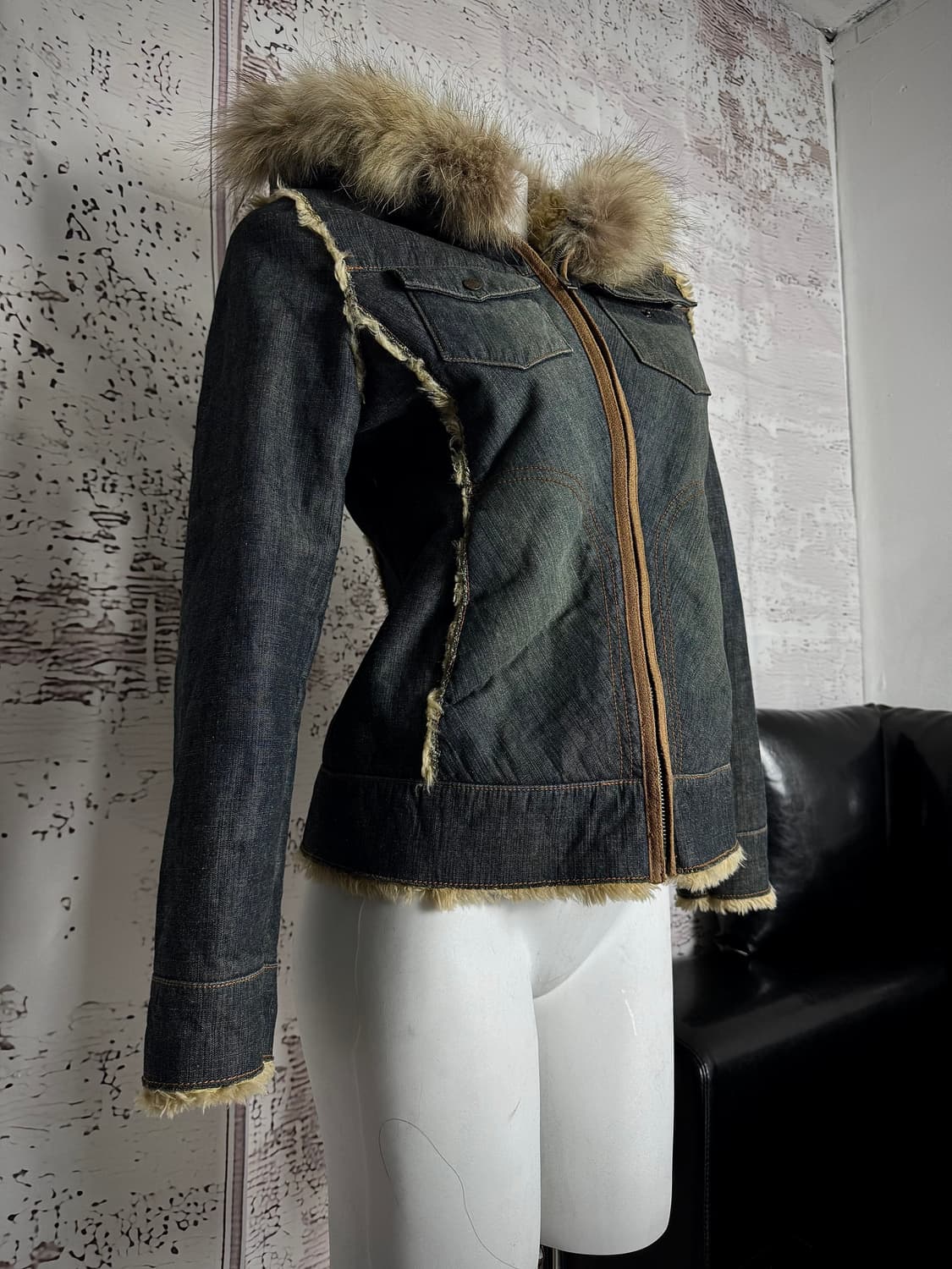 Y2K Fur-Trim Hooded Denim Jacket 상품이미지1