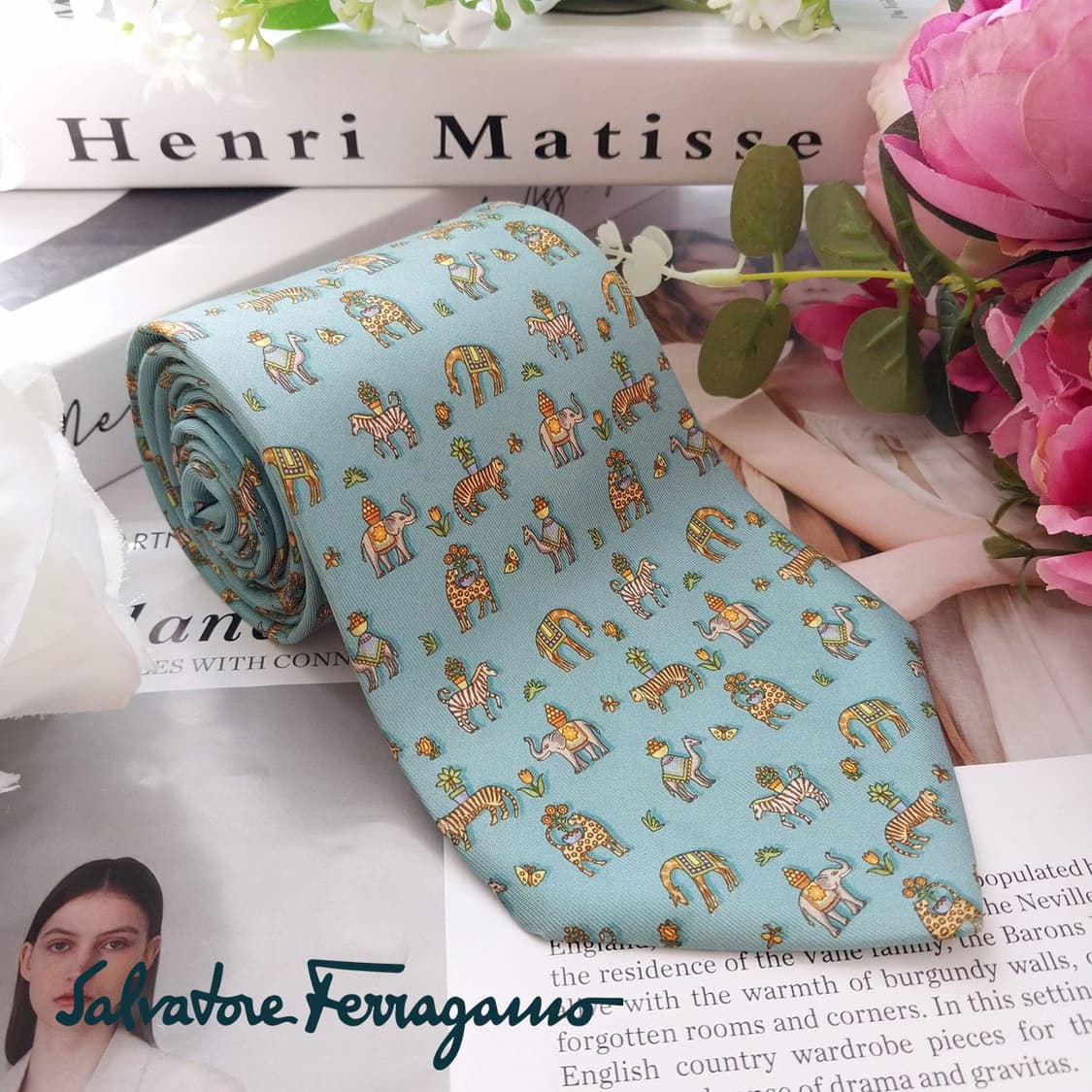 살바토레 페라가모 민트 동물 모티브 넥타이 9.7cm B등급 K2502 상품이미지1