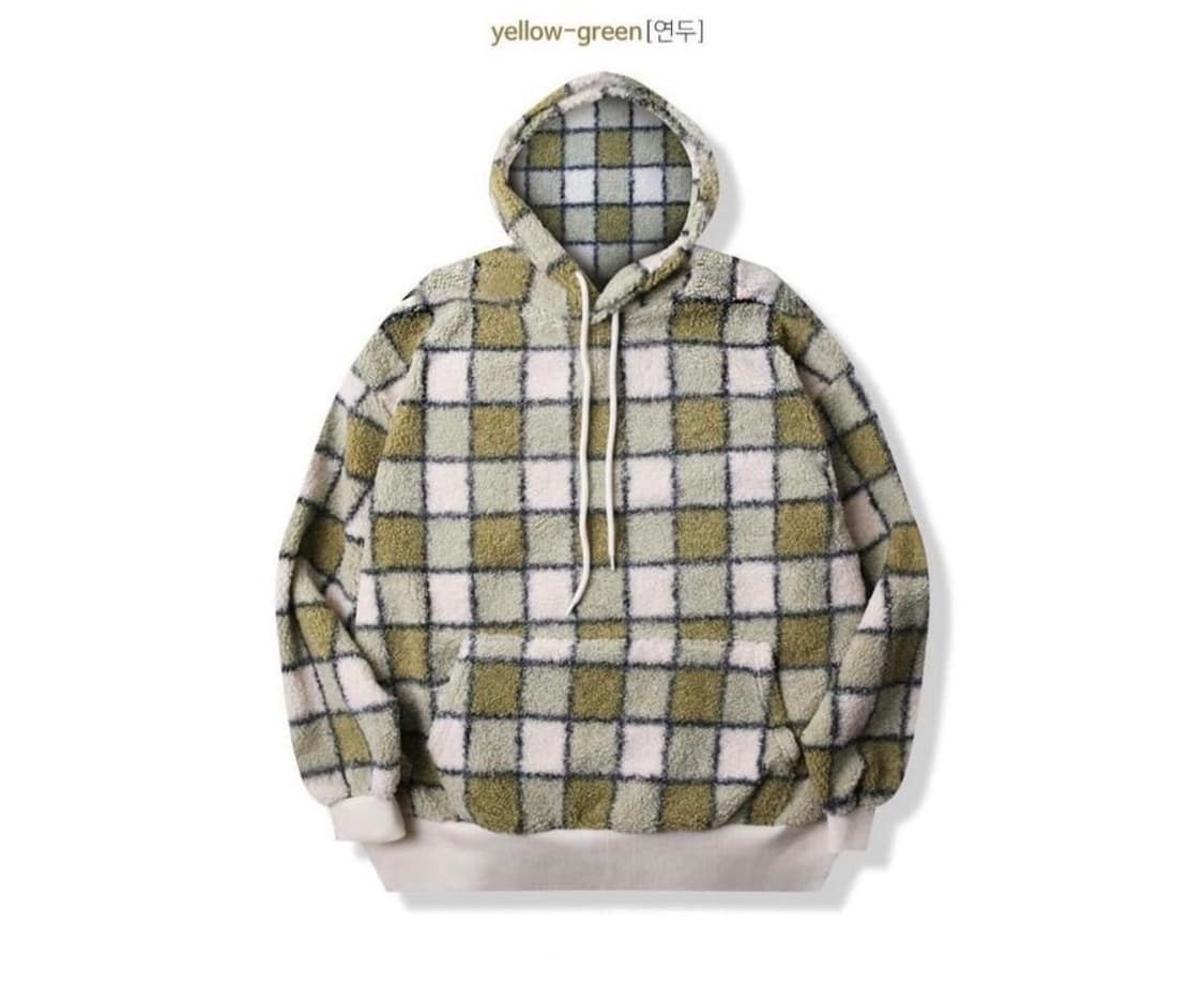 오버핏 체크무늬 뽀글이 후드티셔츠 그린(100-115) 상품이미지1