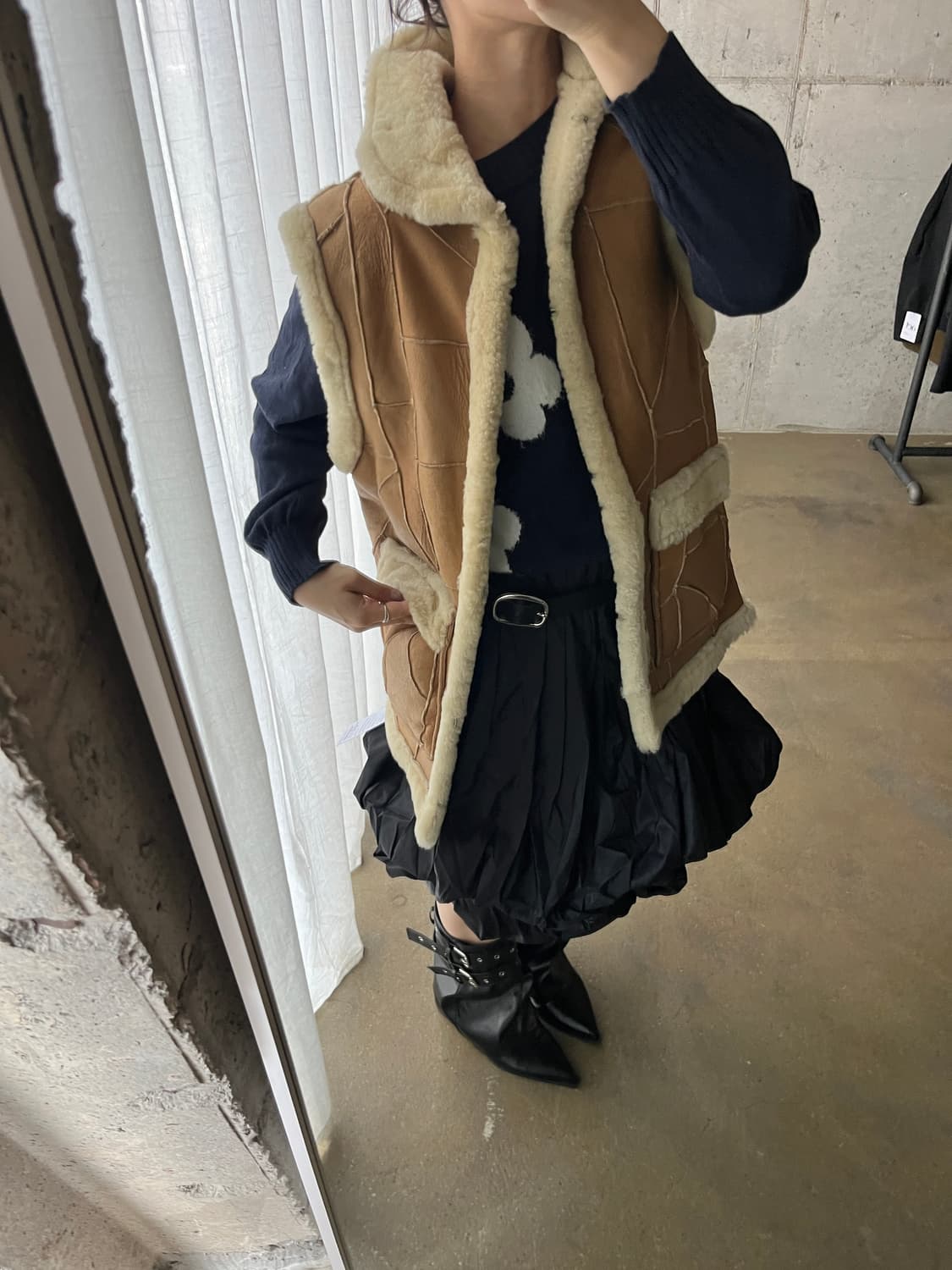 90s Genuine Lambskin 천연 양가죽 시어링 베스트 카멜 상품이미지3