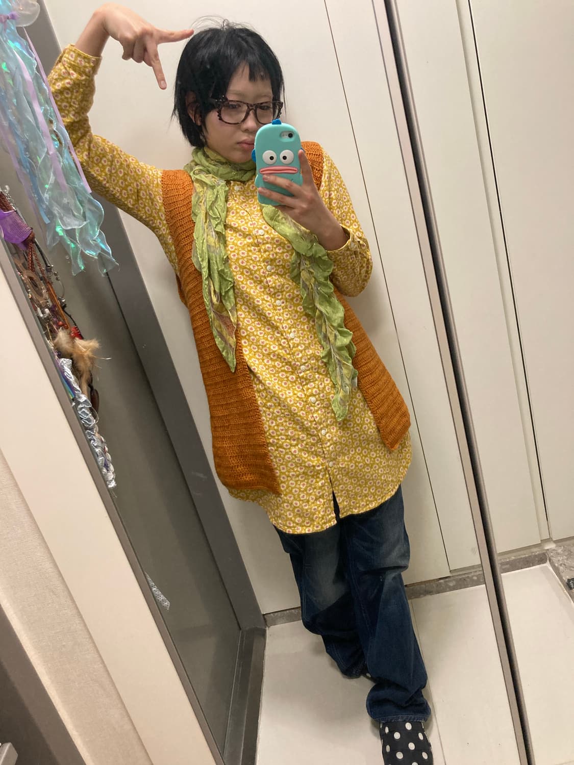 하구미 모리걸 너드미 겨자 레이어드 잔꽃 원피스 뜨개 니트 베스트 리바이 상품이미지2