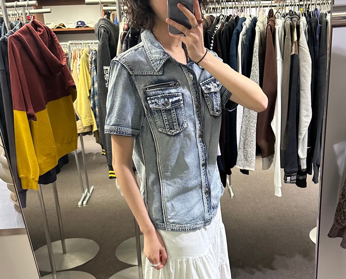 L)Japanese vintage 워싱 반팔 데님 셔츠 자켓 상품이미지1