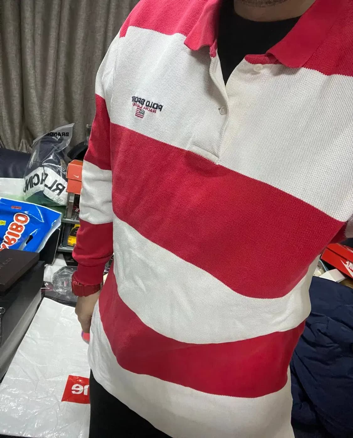 90s 폴로 스포츠 럭비 폴로셔츠 레드 화이트 L 상품이미지4