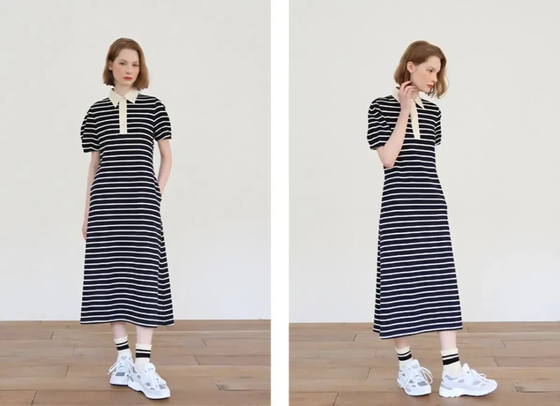 앤유 스트라이프 퍼프 소매 폴로 롱 원피스 상품이미지1