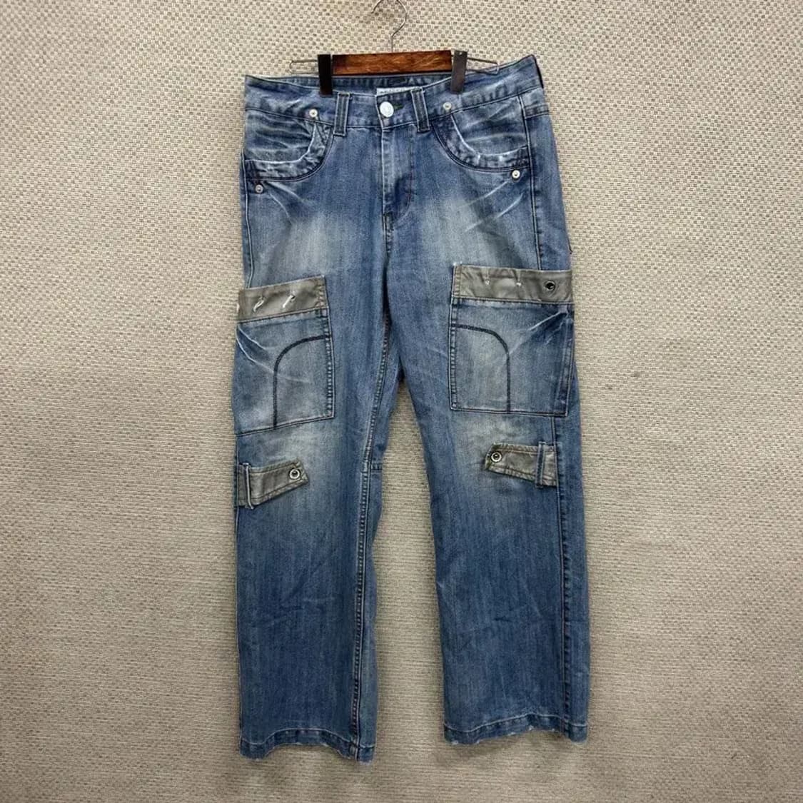 빈티지 포켓 디테일 워싱 데님 와이드팬츠 청바지 32인치 M09215 상품이미지1