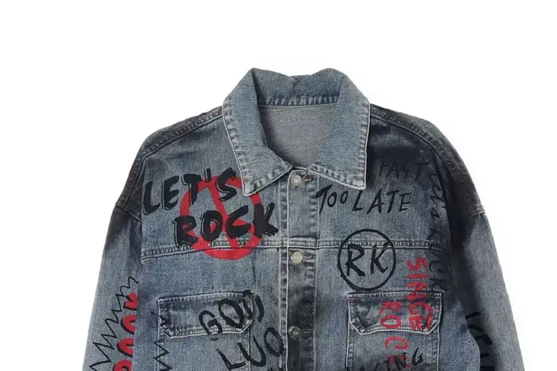 빈티지 청자켓 LET'S ROCK 낙서 프린팅 데님 자켓 XXL 상품이미지2