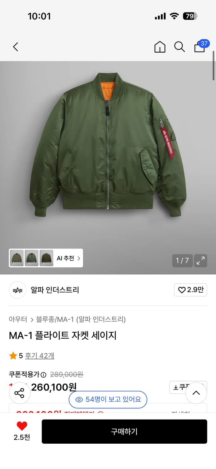 알파인더스트리 ma-1 L 팝니다. 상품이미지1