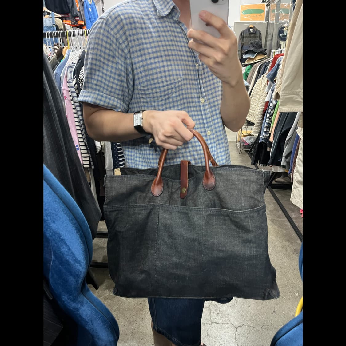 CHEVIGNON 쉐비뇽 레더핸들 데님 토트백 상품이미지5