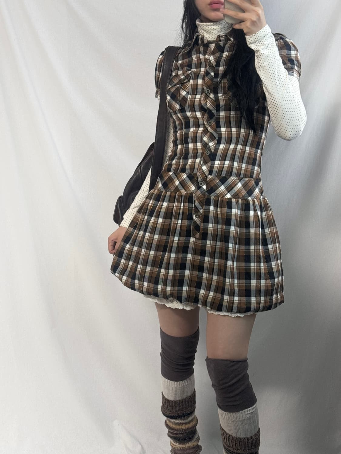 체크 패턴 퍼프 디테일 도트 폴라 원피스 2pcs SET  상품이미지9
